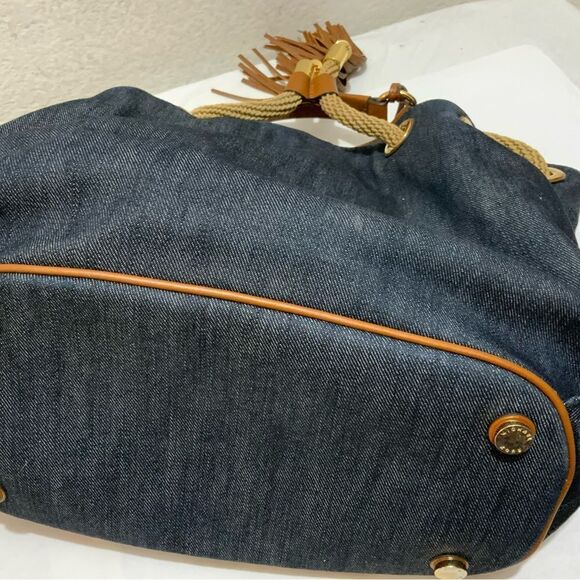 Michael Kors Marina Large Tie Navy Drawstring Bucket Canvas Leather Bag Rare - Picture 13 of 15